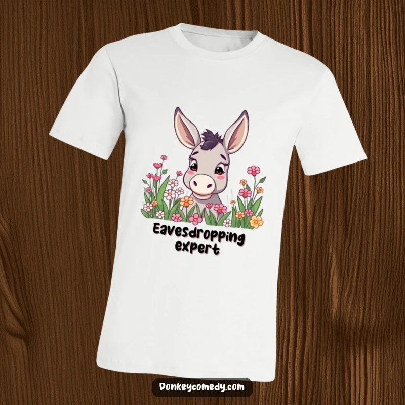 Funny donkey with ears attentively raised, curiously looking into a dense patch of colorful flowers, printed on a soft t-shirt.