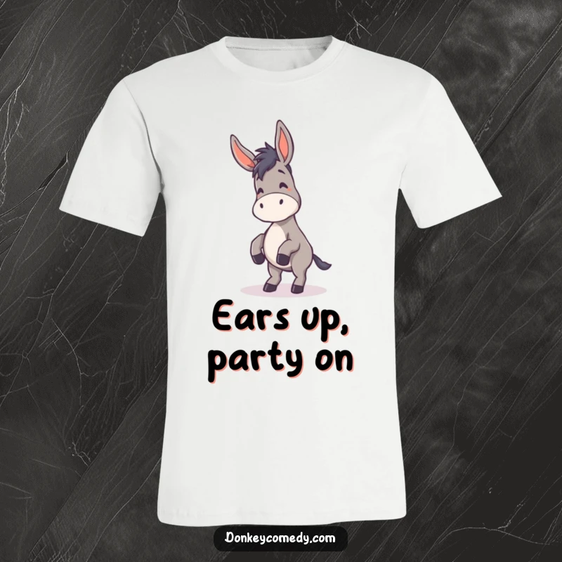 Funny Donkey T-Shirt featuring a donkey doing a silly dance with ears flopping, embodying pure fun and humor.