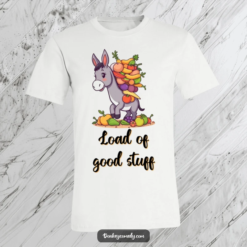 Funny donkey expertly balancing a large pile of assorted fresh farm produce, humorous graphic tee shirt.