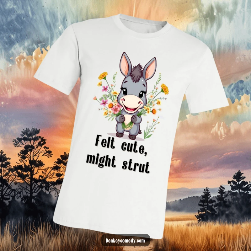 Funny t-shirt of a smiling donkey holding a bouquet of wildflowers, celebrating nature and good vibes.