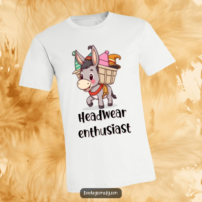 Funny t-shirt with a happy donkey carrying a pile of funny hats, a whimsical and humorous design for hat and donkey lovers.