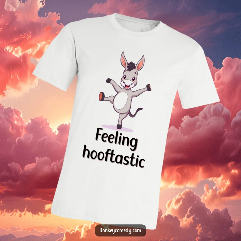 Funny donkey t-shirt with a cartoon donkey joyfully kicking its heels up in a playful, energetic pose.
