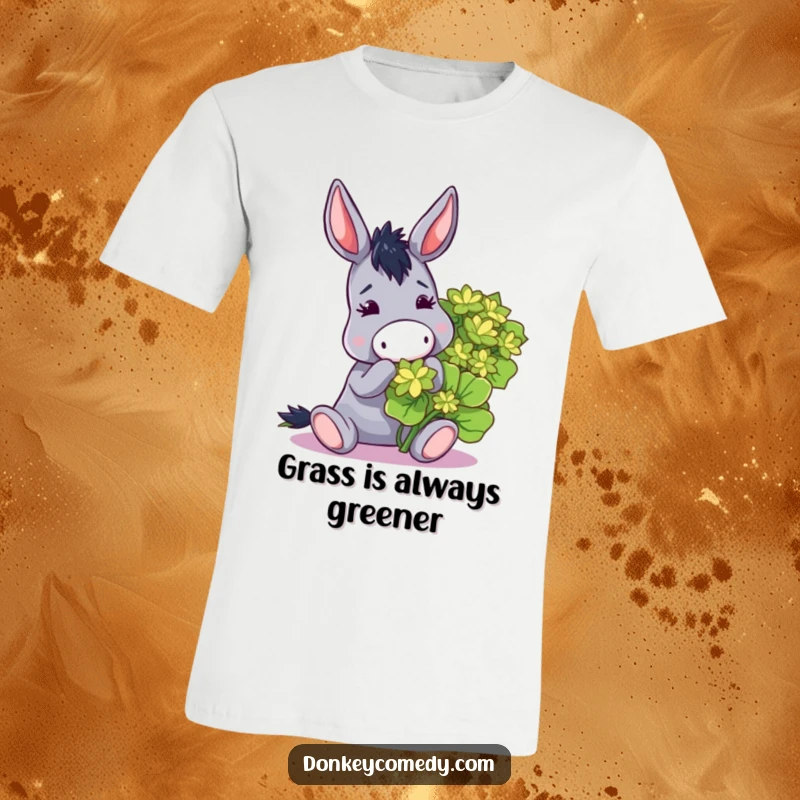 Funny t-shirt showcasing a donkey joyfully nibbling on an oversized, lush clover with a contented expression.