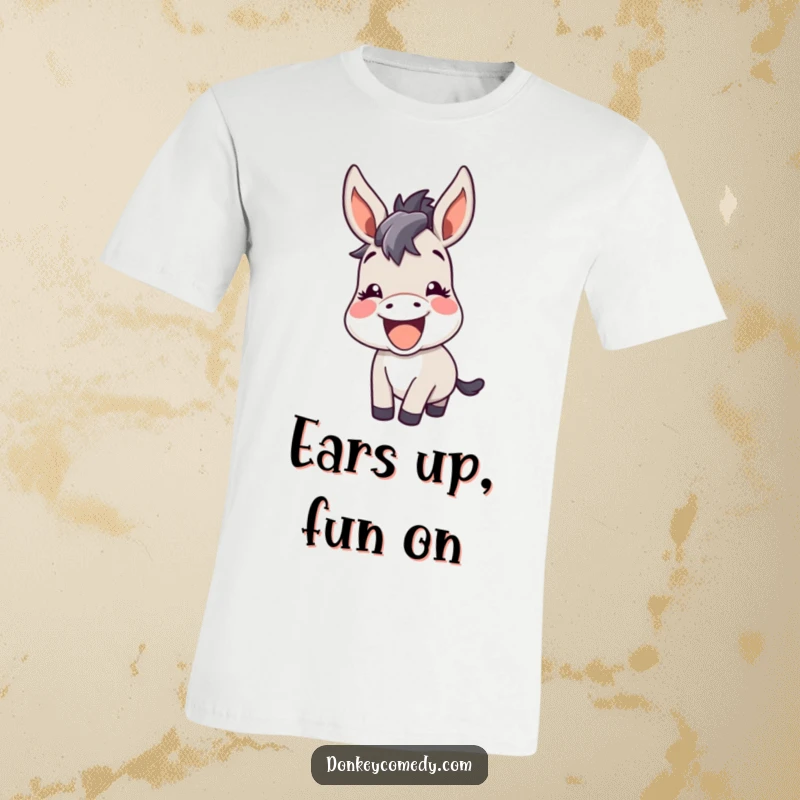Funny kawaii donkey with perked ears, braying happily with amusement, featured on a fun t-shirt.
