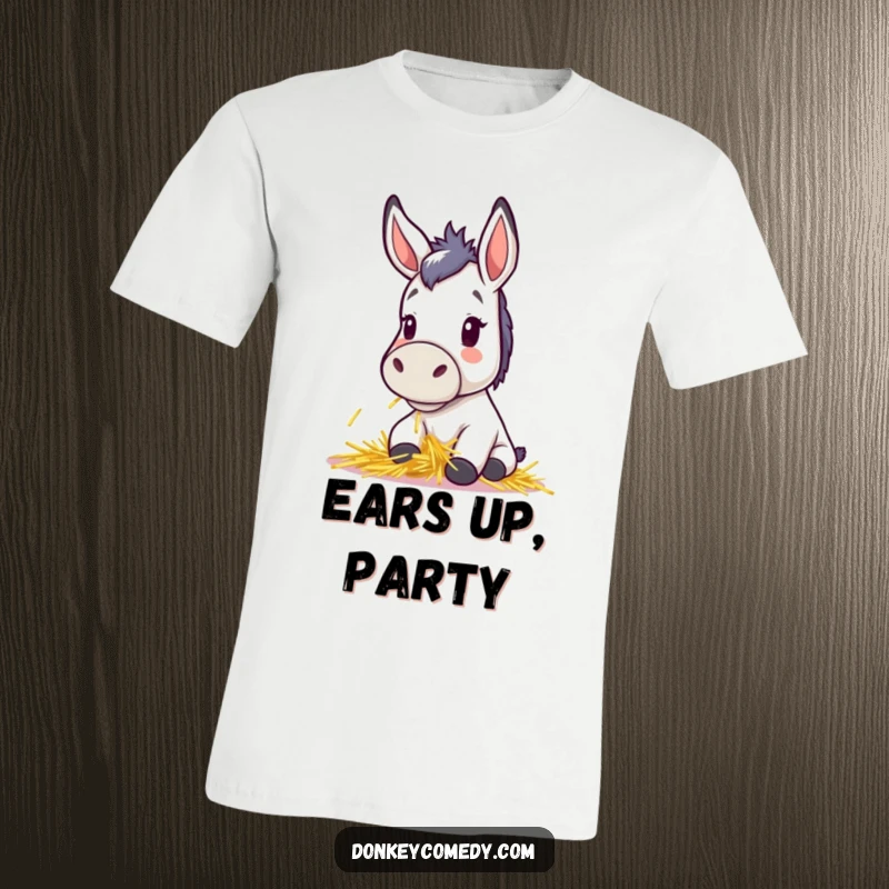 Funny t-shirt showing a cute kawaii donkey with perky ears, happily munching on hay, radiating pure joy and charm, excellent gift.