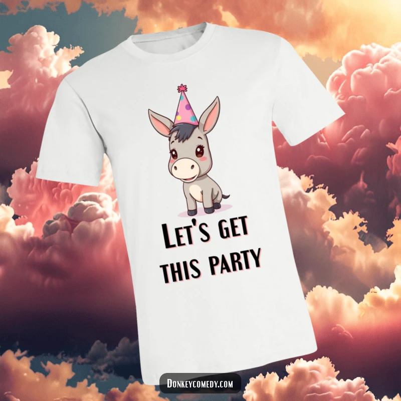 Funny kawaii donkey in an oversized party hat, printed on a t-shirt, perfect for festive and humorous occasions.