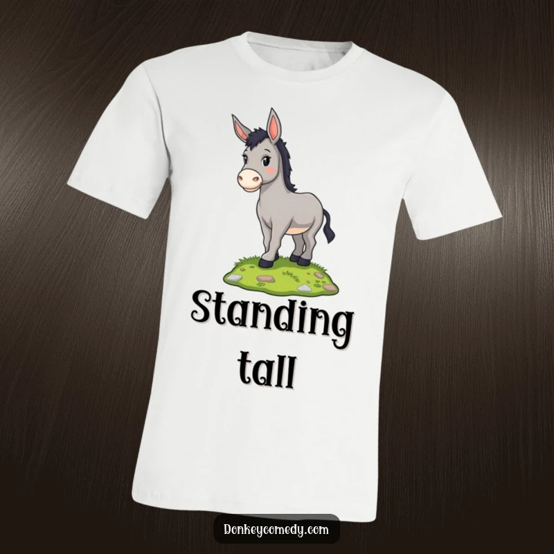 Funny, proud donkey standing on a grassy mound, depicted on a t-shirt, a humorous and confident gift.