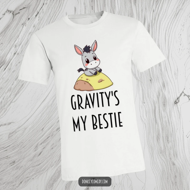 Funny donkey t-shirt, sliding down a hill with a comically surprised expression, conveying a thrill-seeking and humorous moment.