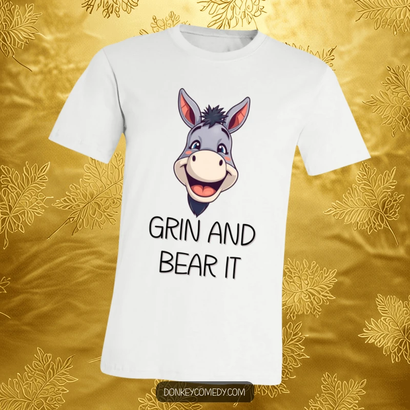 Funny Donkey T-Shirt displaying a donkey with an enormous, toothy grin, radiating infectious, funny happiness and good vibes.