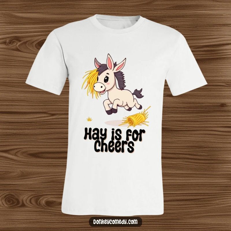 Funny lively donkey captured mid-bound with delight, energetically pursuing a rolling bunch of hay, printed on a comfortable t-shirt.