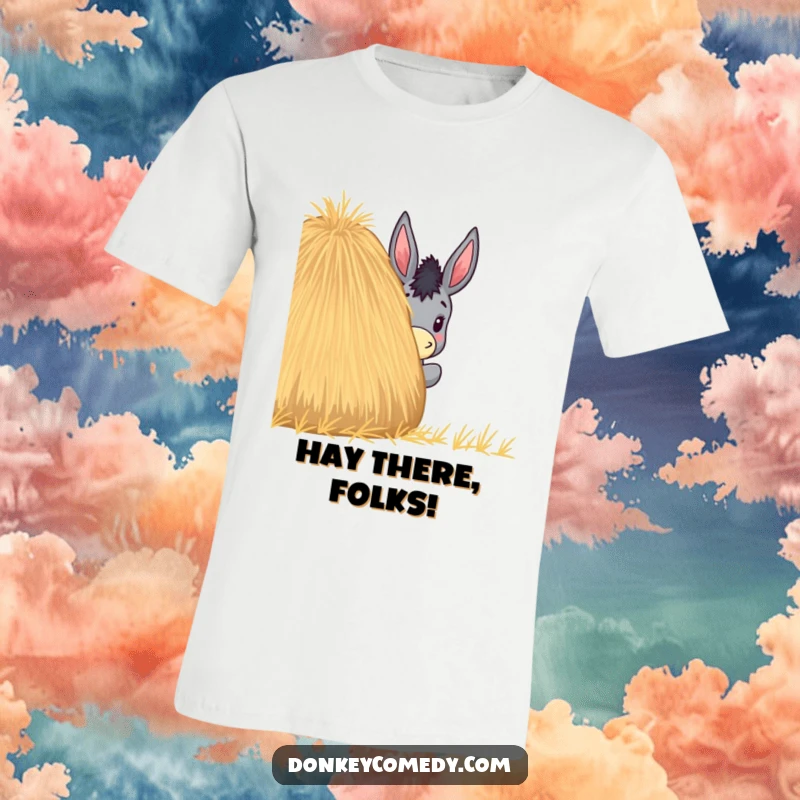 Funny t-shirt design of a donkey humorously peeking out from behind a big, round haystack, suggesting a playful hide-and-seek.