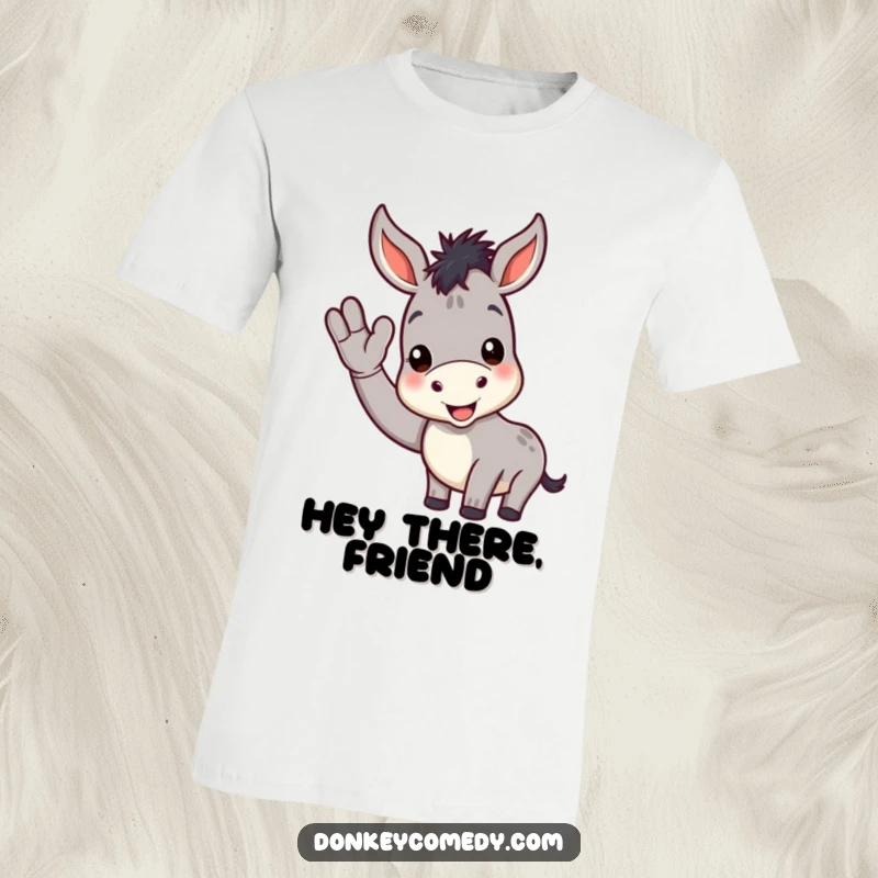Funny donkey t-shirt featuring a happy donkey with a big smile, extending a hoof in a friendly wave, looking incredibly welcoming.