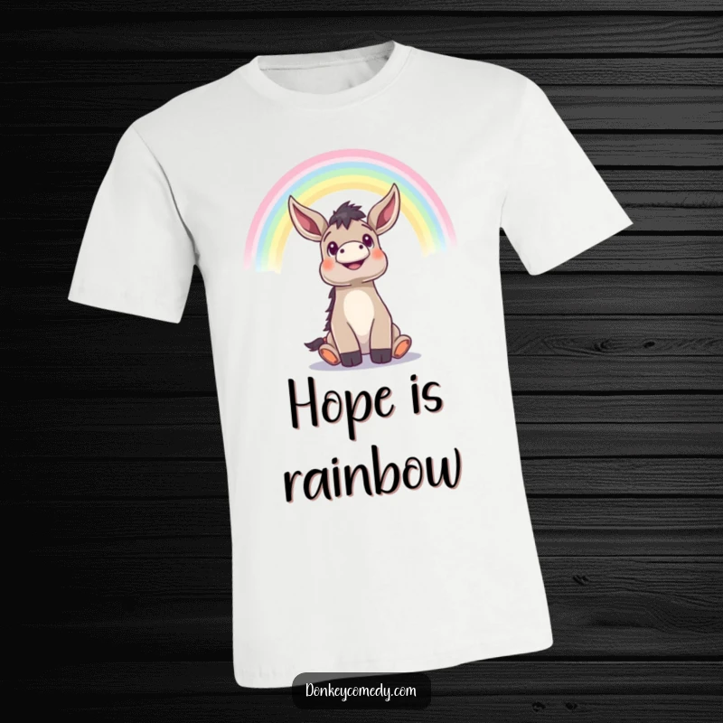 Funny donkey looking upwards with a sense of awe at a vibrant rainbow stretching across the sky, humorous tee.