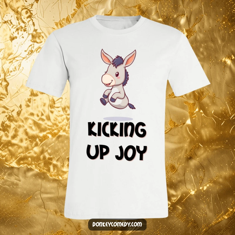 Funny floppy-eared donkey t-shirt, captured in a moment of pure joy, kicking its legs with enthusiasm and a silly grin.