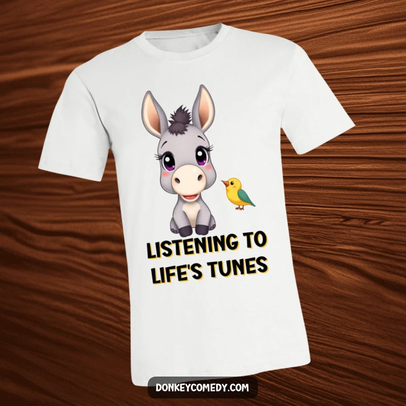 Funny t-shirt depicting a donkey with big, curious eyes intently listening to a small bird chirping, embodying gentle observation.