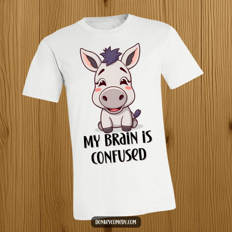 Funny kawaii donkey with a bewildered but happy face on a t-shirt, ideal for expressing humorous emotions.