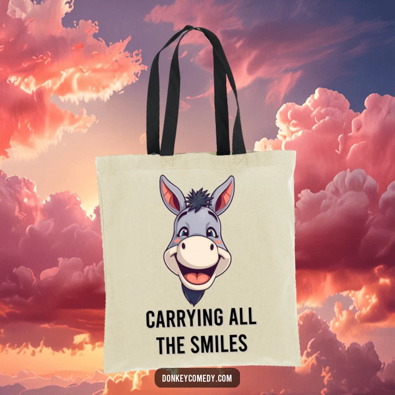 Funny Donkey Tote Bag featuring a donkey with a wide, toothy grin, ready to carry your items with funny enthusiasm.
