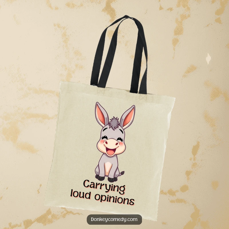 Funny tote bag featuring a joyful donkey with oversized ears braying, practical for carrying items with humorous charm.