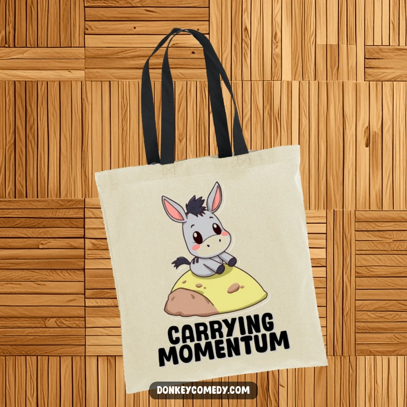 Funny donkey slide tote bag, with a comically surprised face while sliding down a hill, perfect for carrying adventure gear.