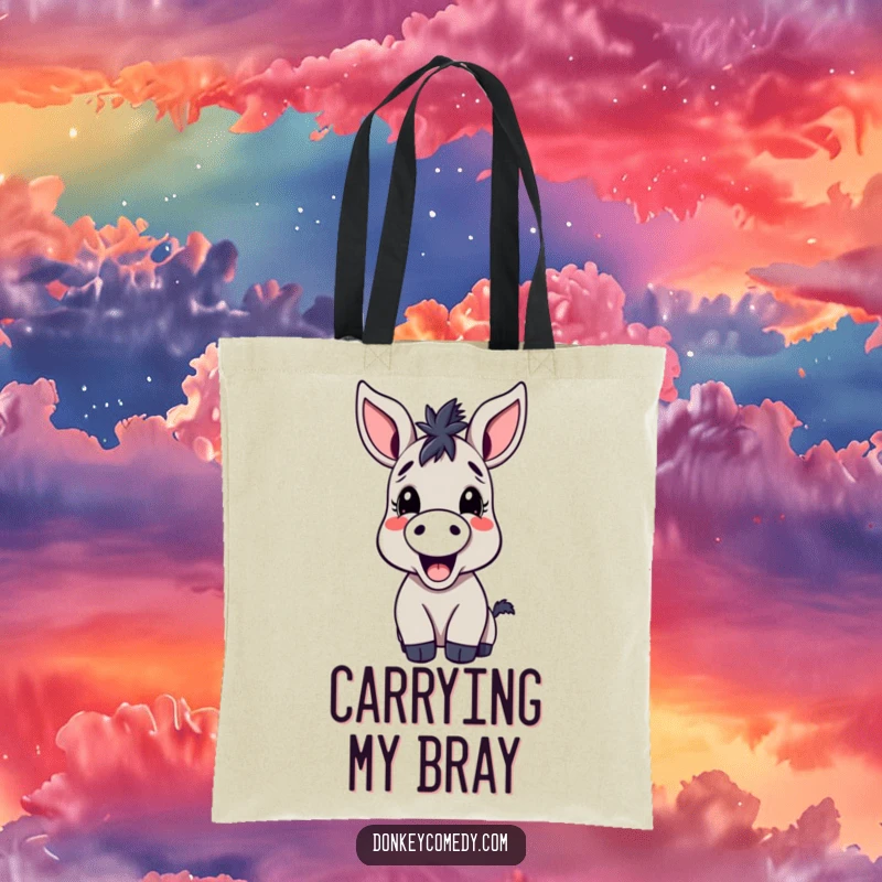 Funny kawaii donkey tote bag, showing a large-eared donkey joyfully braying, ready to carry your items with cartoon cheer.