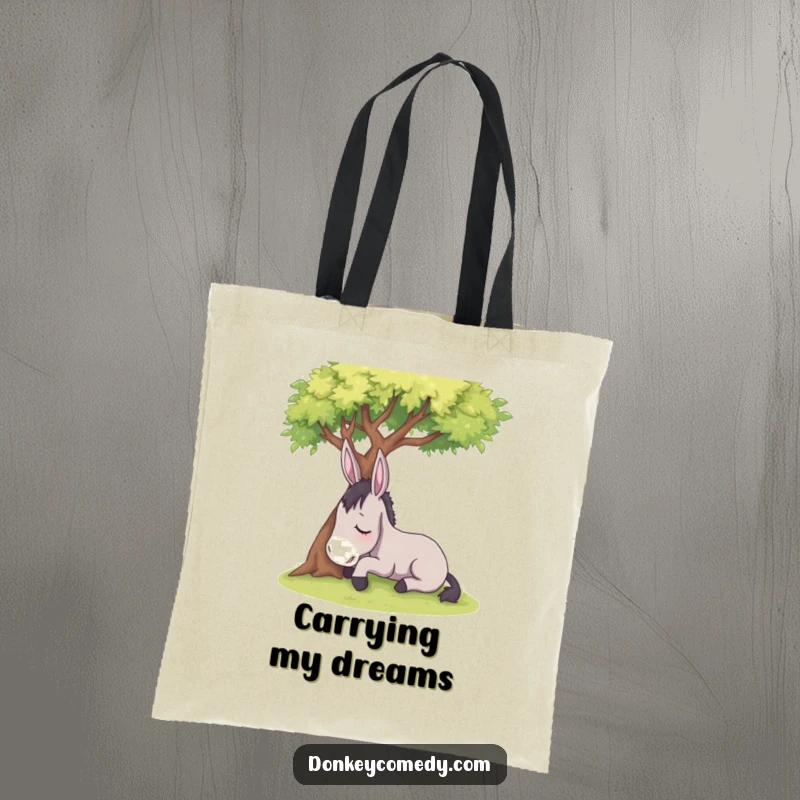 Funny sleepy donkey resting under a shady tree, on a stylish tote bag, a humorous and practical gift.
