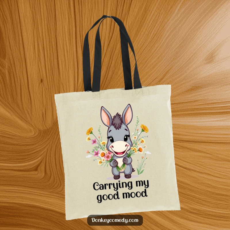 Funny tote bag with a grinning donkey holding a wildflower bouquet, ideal for shopping and carrying joy.