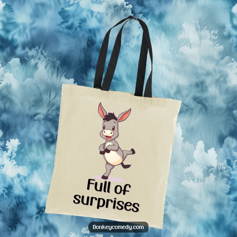 Funny Donkey Tote Bag capturing a donkey in mid-funny kick with hind legs, ready for any task with lively humor.