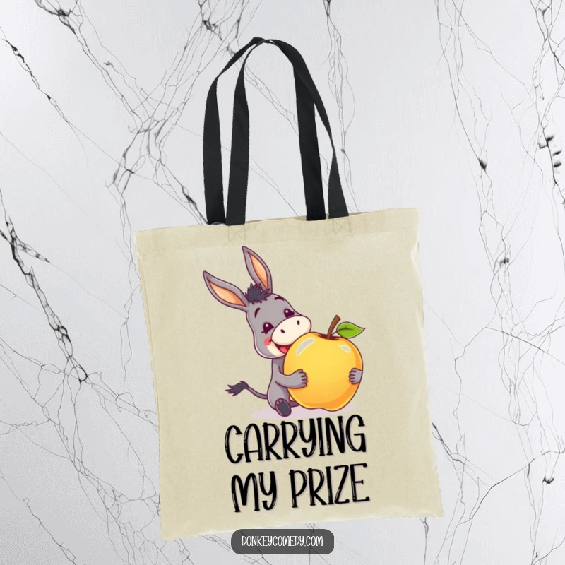Funny tote bag featuring a donkey with an excited grin, happily receiving a comically large apple.