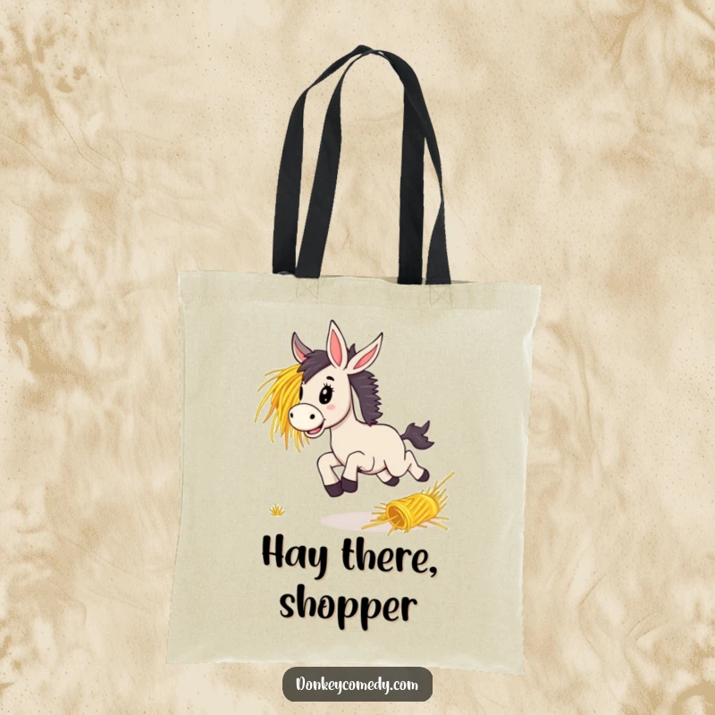 Funny donkey joyfully bounding with enthusiasm after a rolling bunch of hay, a dynamic design on a spacious tote bag.