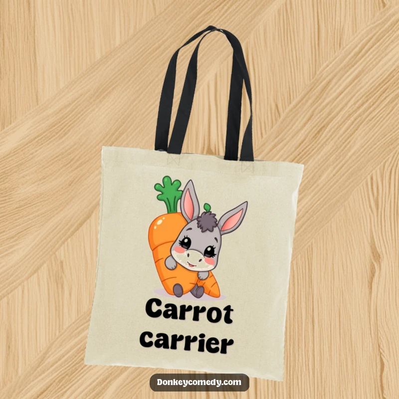 Funny donkey carrot tote bag, featuring a character peeking from behind a large ripe carrot, perfect for carrying smiles.