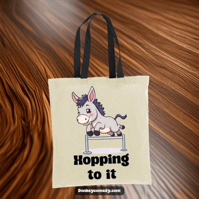 Funny tote bag showcasing a donkey in a dynamic leap over a hurdle, perfect for carrying essentials with flair.