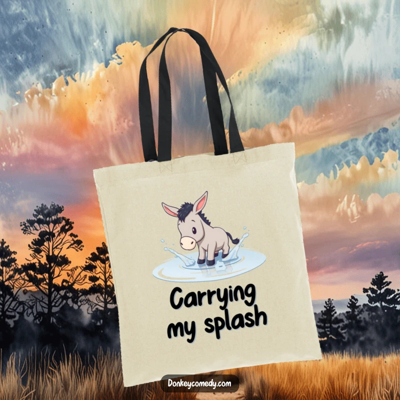 Funny tote bag design showing a donkey gleefully splashing in a shallow puddle, perfect for those who love playful moments.