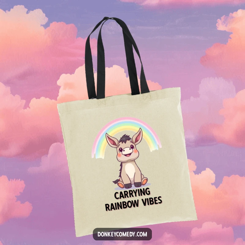 Funny donkey looking up in awe at a vibrant rainbow, humorous and inspiring tote bag.