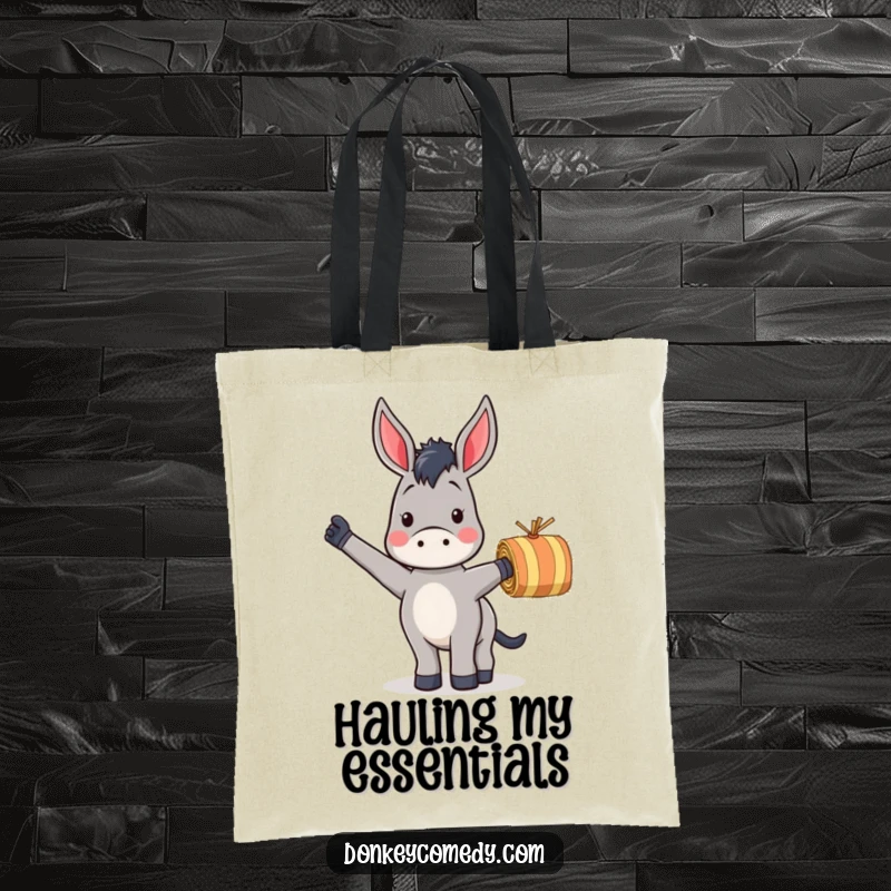 Funny tote bag with a donkey enthusiastically waving a striped hay bale, great for shopping and carrying humor.