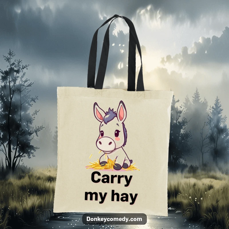 Funny tote bag with a cute kawaii donkey, perky ears, happily munching hay, perfect for shopping, great gift.