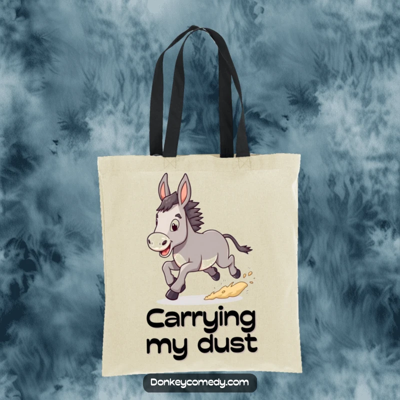 Funny Donkey Tote Bag with a donkey in a determined trot, kicking up dust, ideal for carrying items with energetic purpose.