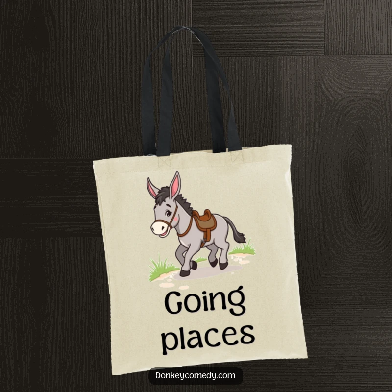Funny Donkey Trotting Tote Bag: A sturdy bag featuring a donkey in a saddle trotting merrily, perfect for funny errands.