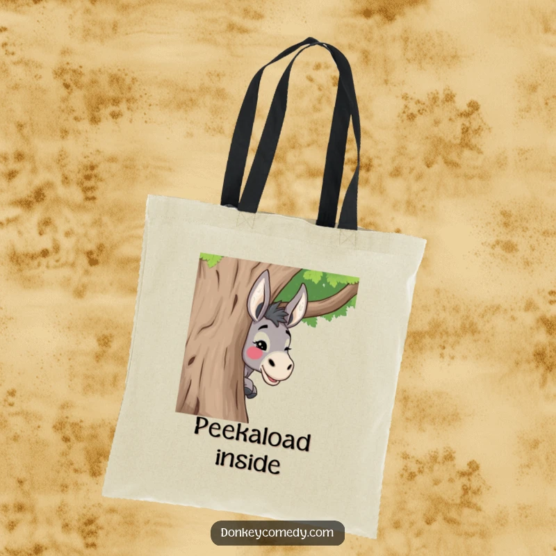 Funny donkey tote bag featuring a donkey peeking around a tree with a playful wink, ideal for carrying items discreetly.