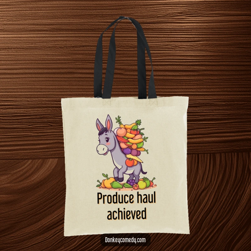 Funny donkey balancing a massive pile of assorted farm produce, humorous and spacious tote bag.